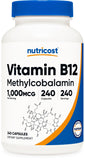Nutricost B12 metilcobalamina cápsulas, botella de 1000 mcg, posible apoyo a la energía diaria.