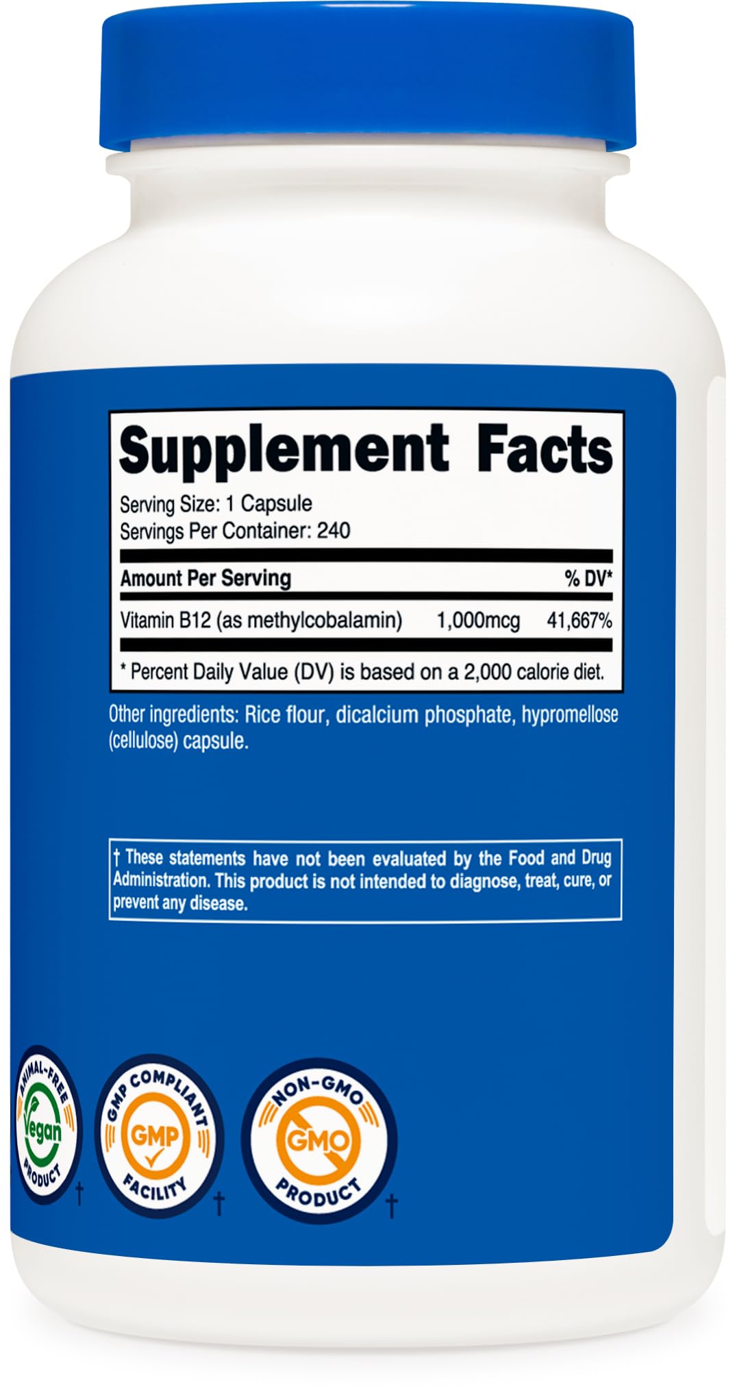 Nutricost B12 metilcobalamina certificaciones NSF y GMP, garantía de cumplimiento.