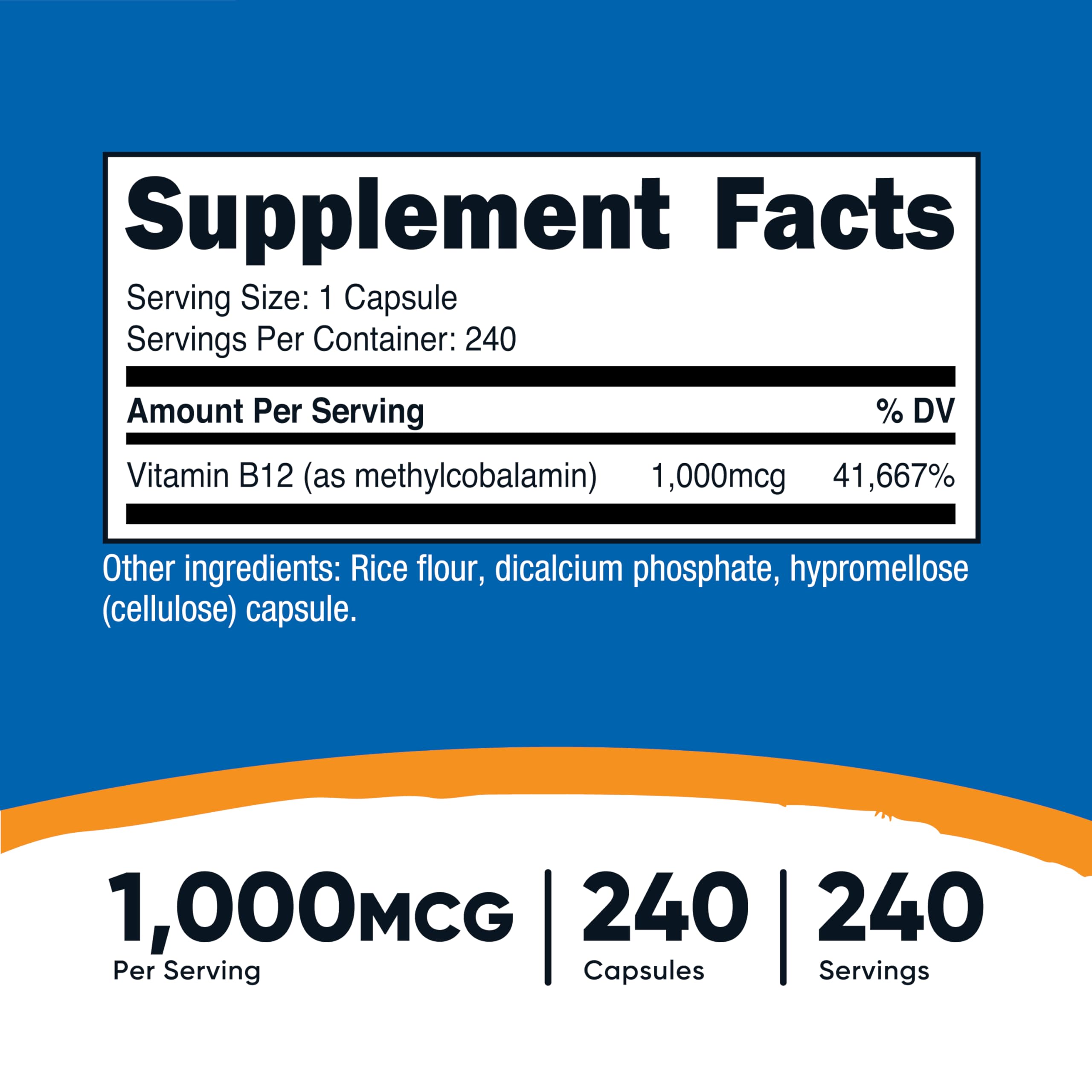 Nutricost B12 metilcobalamina envase 240 cápsulas, suministro prolongado para bienestar diario.