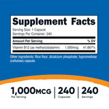 Nutricost B12 metilcobalamina envase 240 cápsulas, suministro prolongado para bienestar diario.