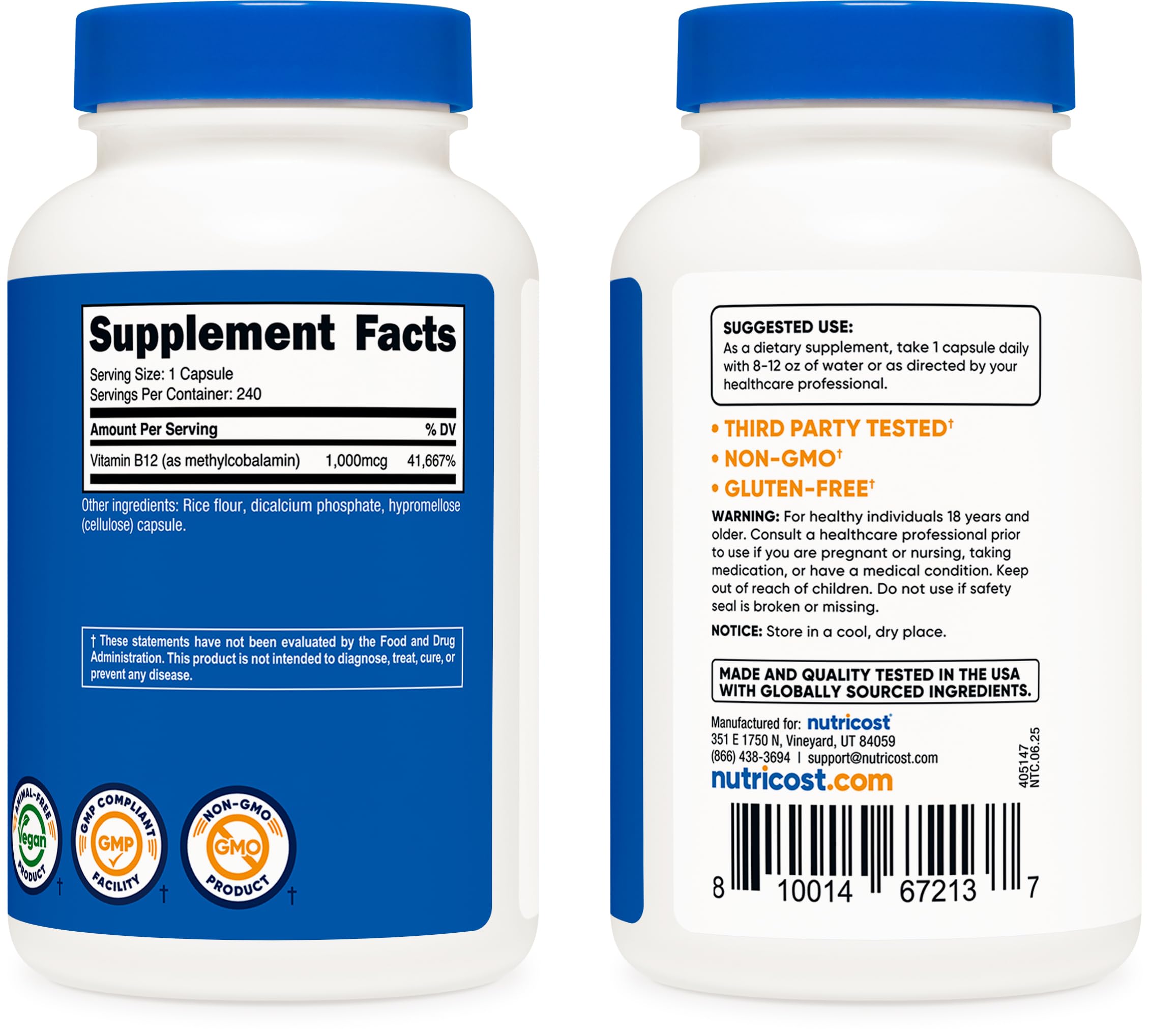 Nutricost B12 metilcobalamina etiqueta sin gluten, opción apta para dietas específicas.
