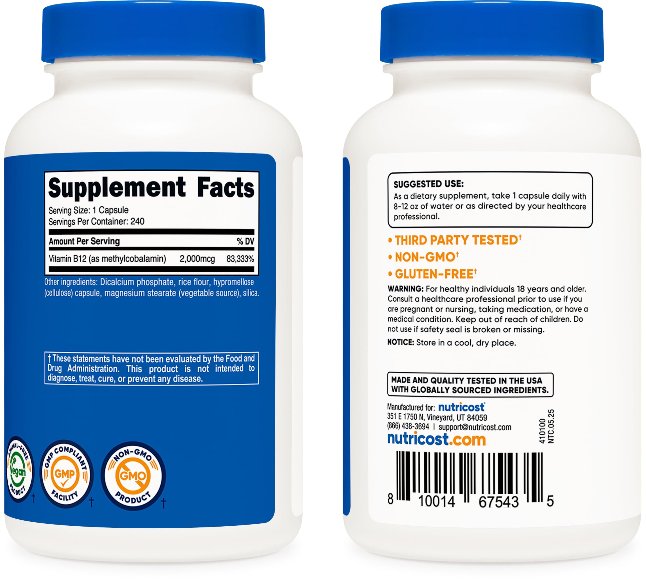 Nutricost B12 proceso GMP, calidad constante en cada lote.