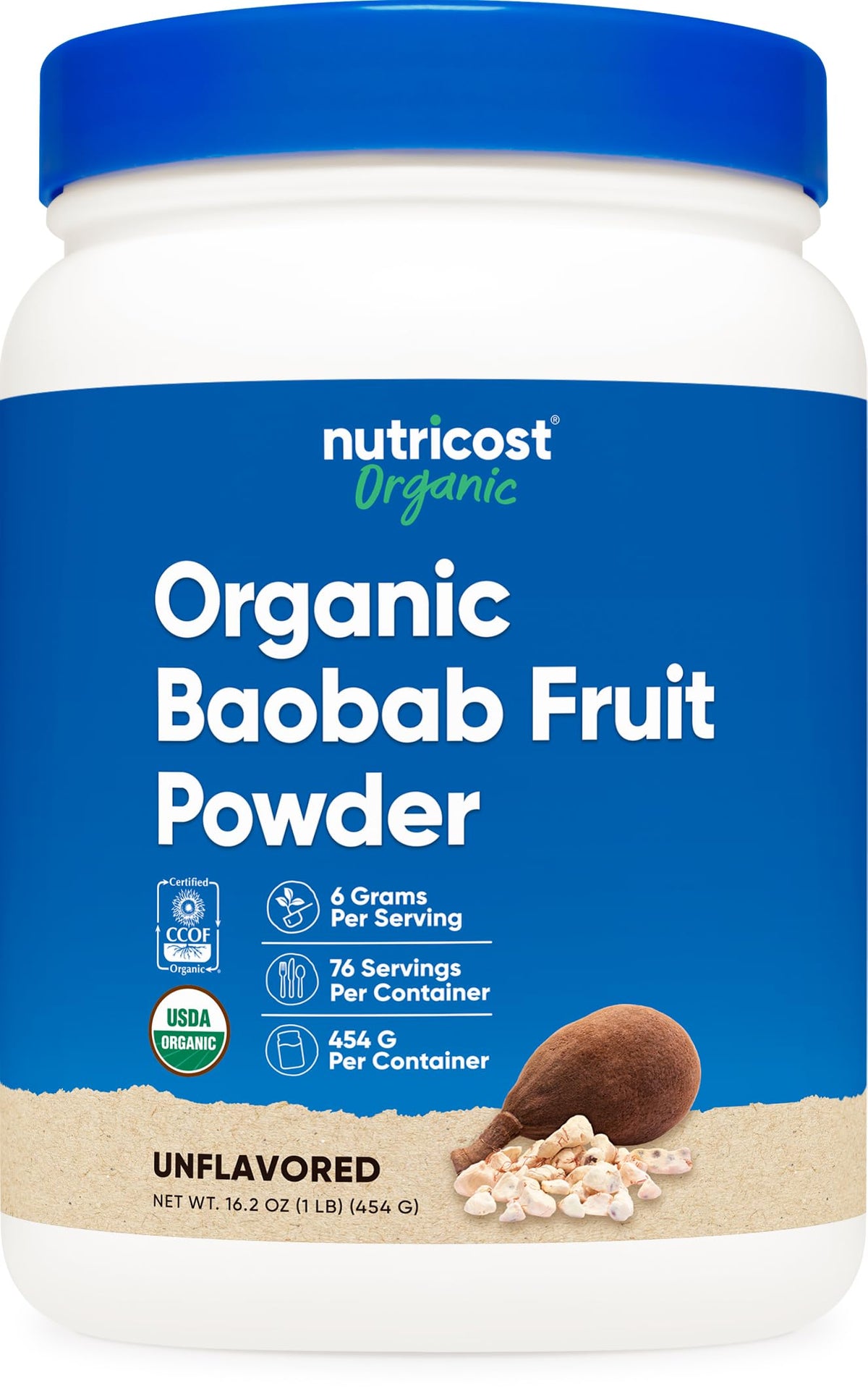 Nutricost Baobab polvo orgánico, envase cercano, perfecto para batidos nutritivos.