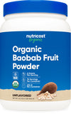 Nutricost Baobab polvo orgánico, envase cercano, perfecto para batidos nutritivos.