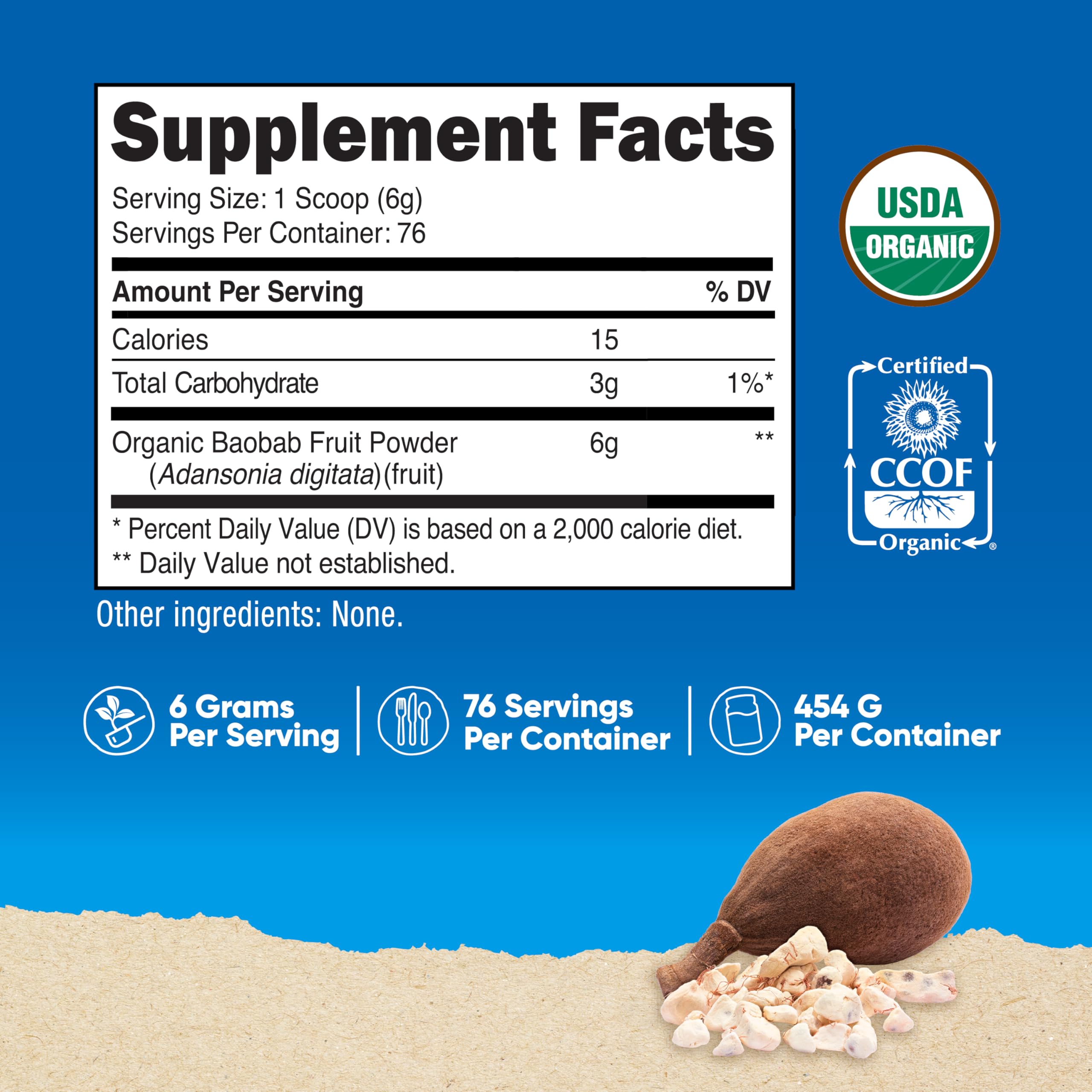 Nutricost Baobab envase detalle, ideal para añadir fibra natural a yogur.