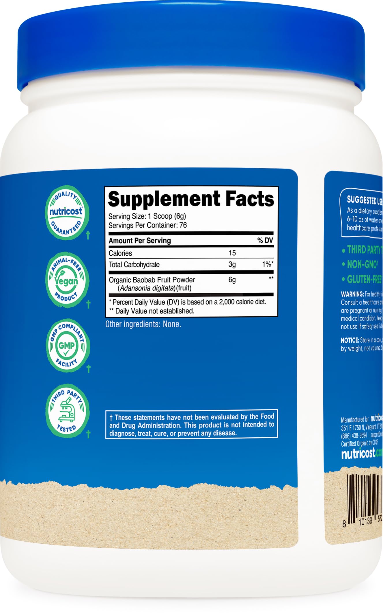 Nutricost Baobab polvo, detalle en etiqueta, perfecto para consumo diario.