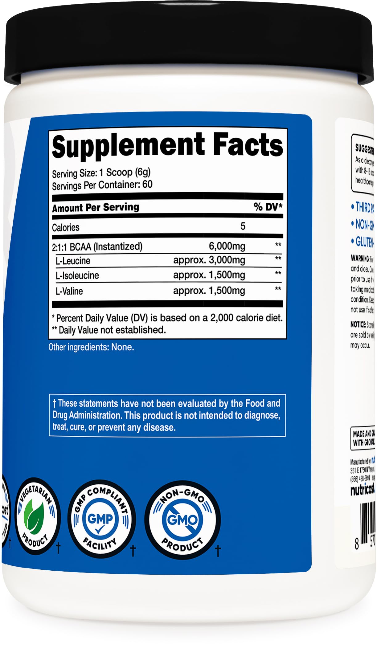 Nutricost BCAA, disolución en vaso, sabor natural o sin sabor para mezclar.