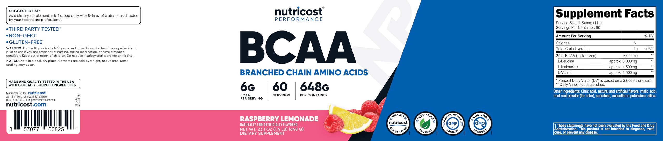 Nutricost BCAA envase de 150 porciones, ideal para uso diario.