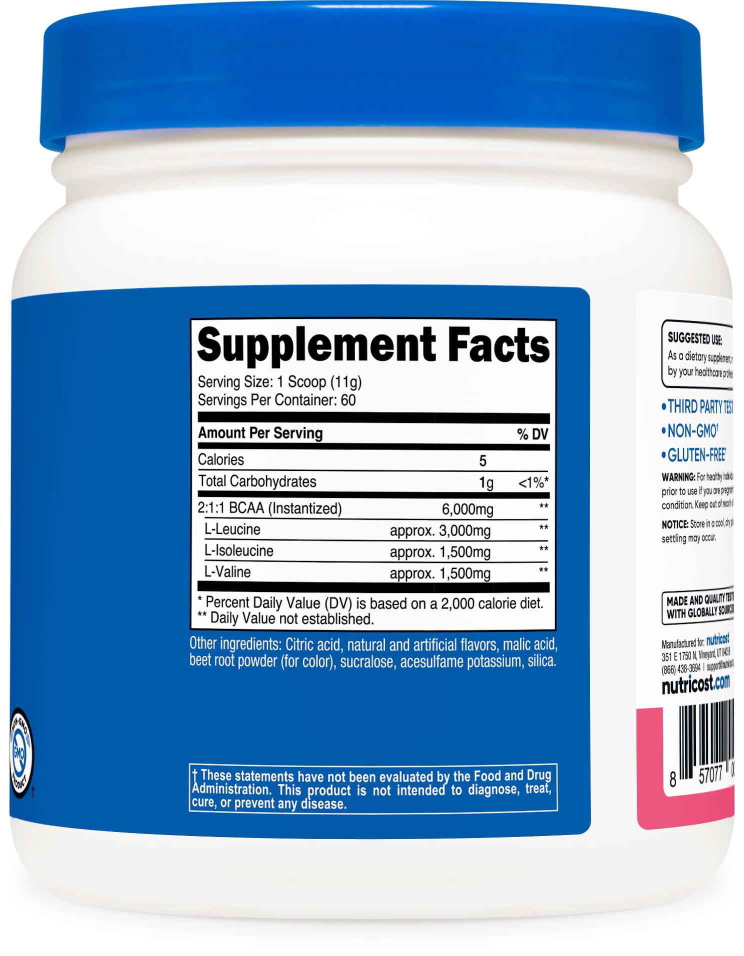 Nutricost BCAA envase de 30 porciones, opción versátil para entrenar.