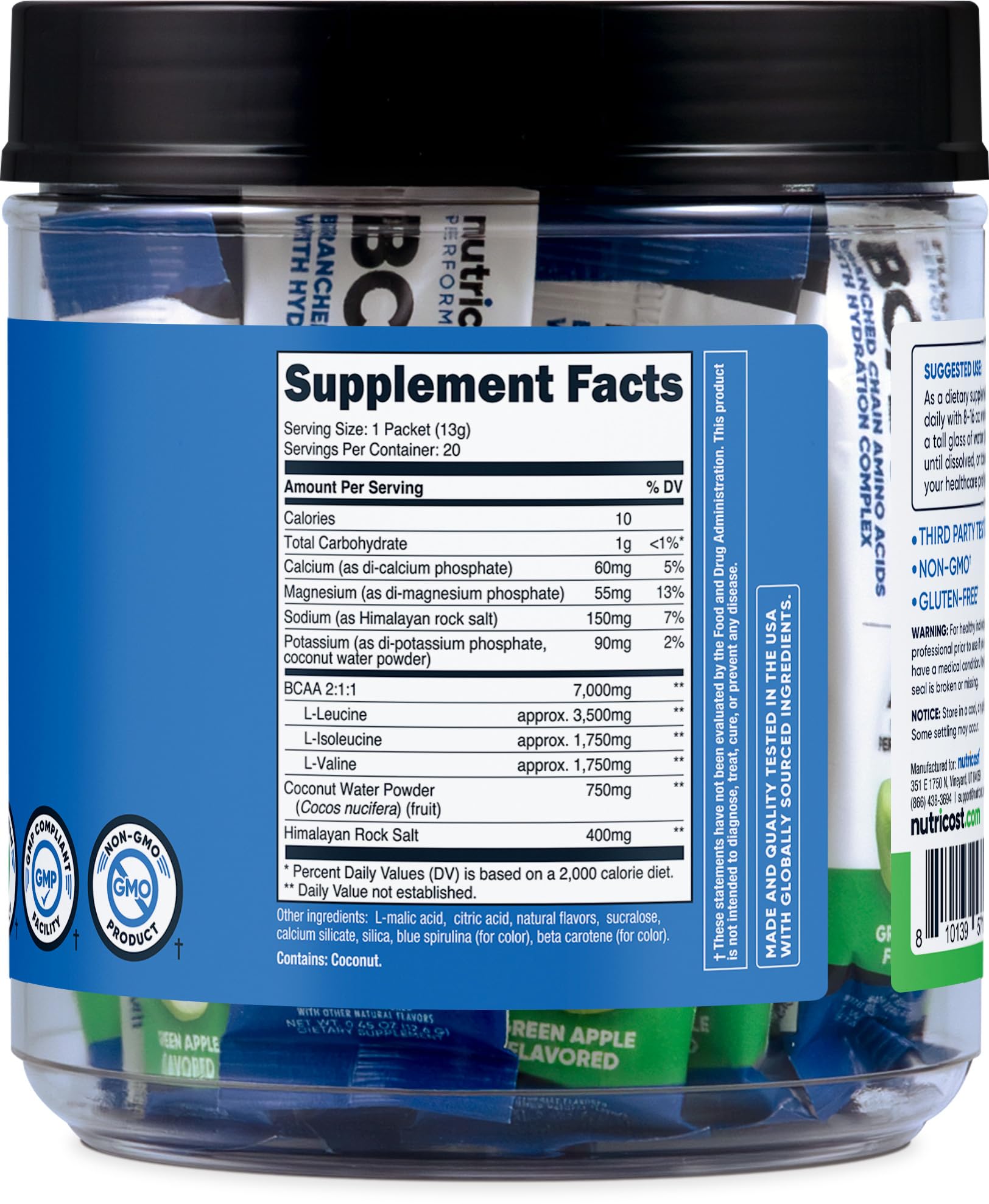 Nutricost BCAA+ Hidratación, sabor manzana verde, 20 porciones por envase.