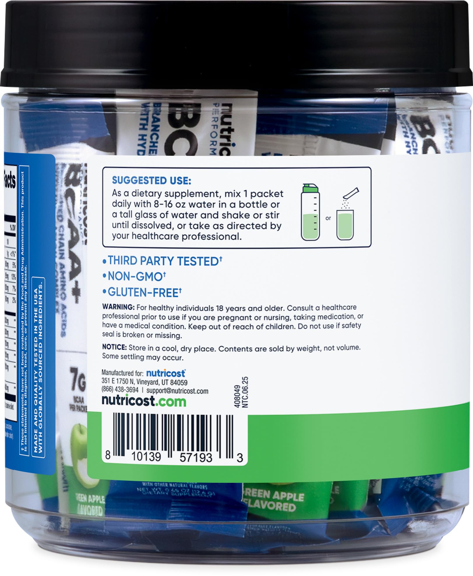 Nutricost BCAA+ Hidratación, sabor manzana verde, uso antes del entrenamiento.