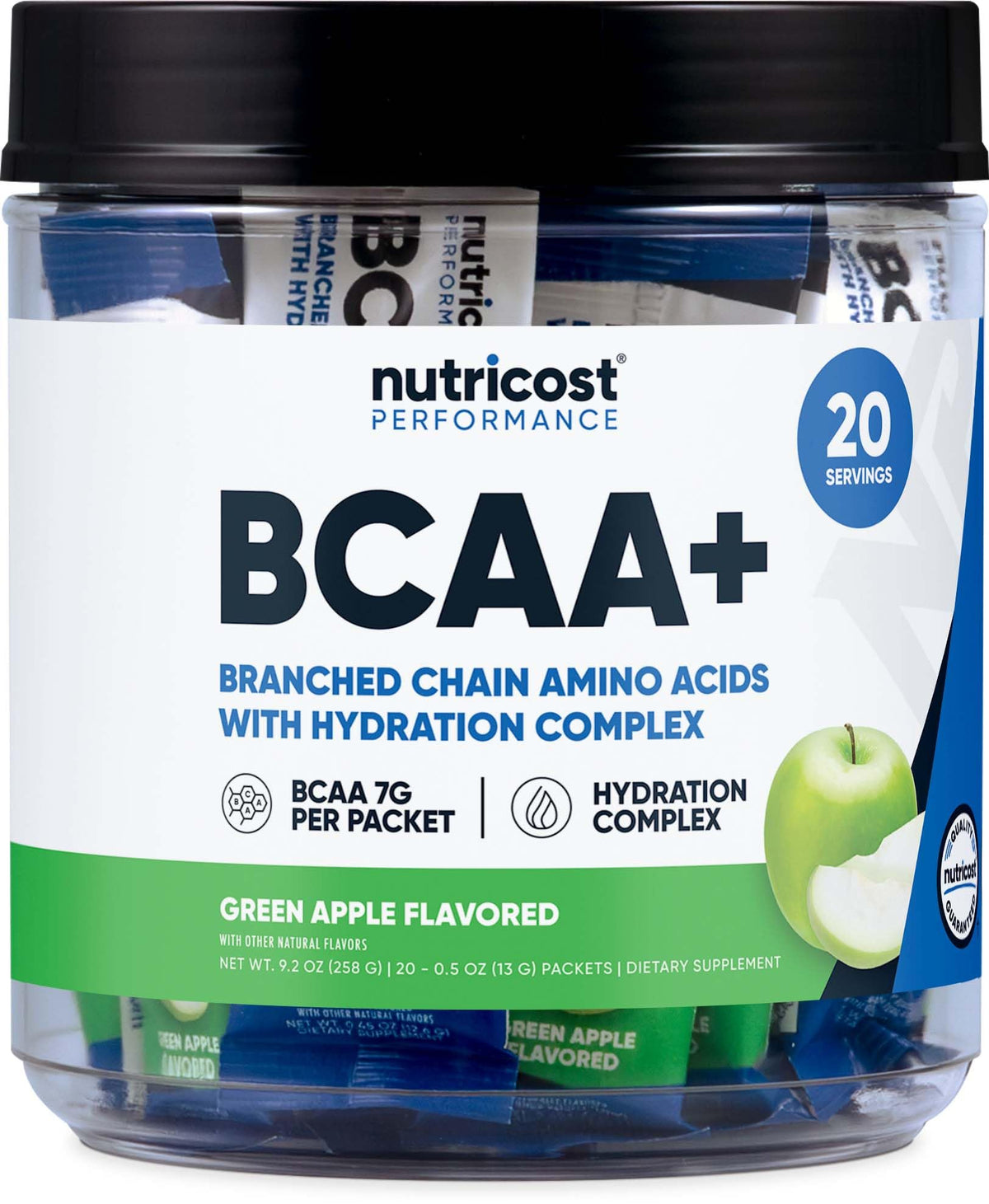 Nutricost BCAA+ Hidratación con sabor manzana verde, empaque stickpack para hidratación diaria.