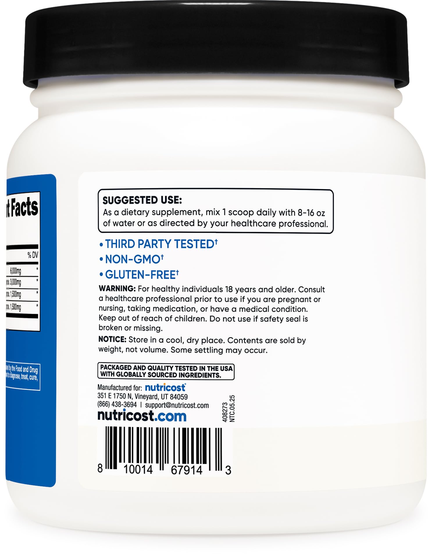 Nutricost BCAA sin sabor, mezcla neutra en cualquier bebida.