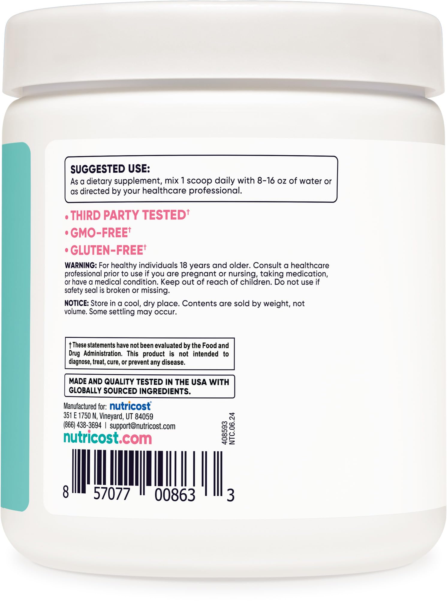 Nutricost BCAA para Mujeres, etiqueta clara con información de la fórmula y composición.
