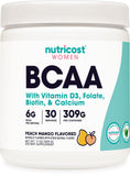 Nutricost BCAA para Mujeres, sabor durazno mango, listo para mezclar en agua y usar en tu entrenamiento.