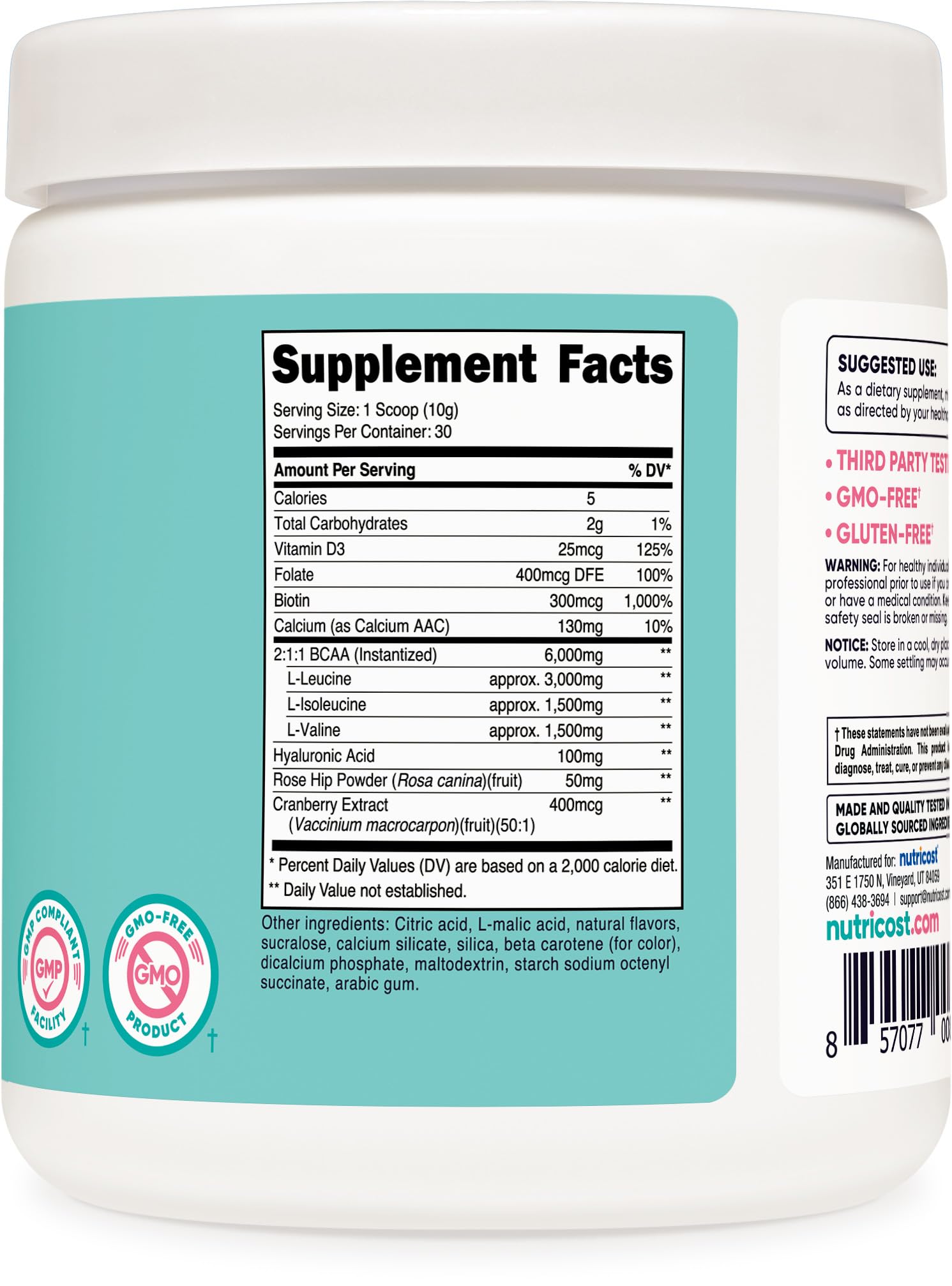 Nutricost BCAA para Mujeres, empaque compacto y portátil para entrenamientos fuera de casa.