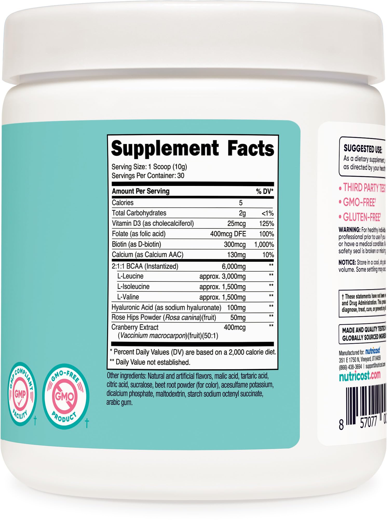 Nutricost BCAA para mujeres, detalle de ingredientes, fórmula vegetariana