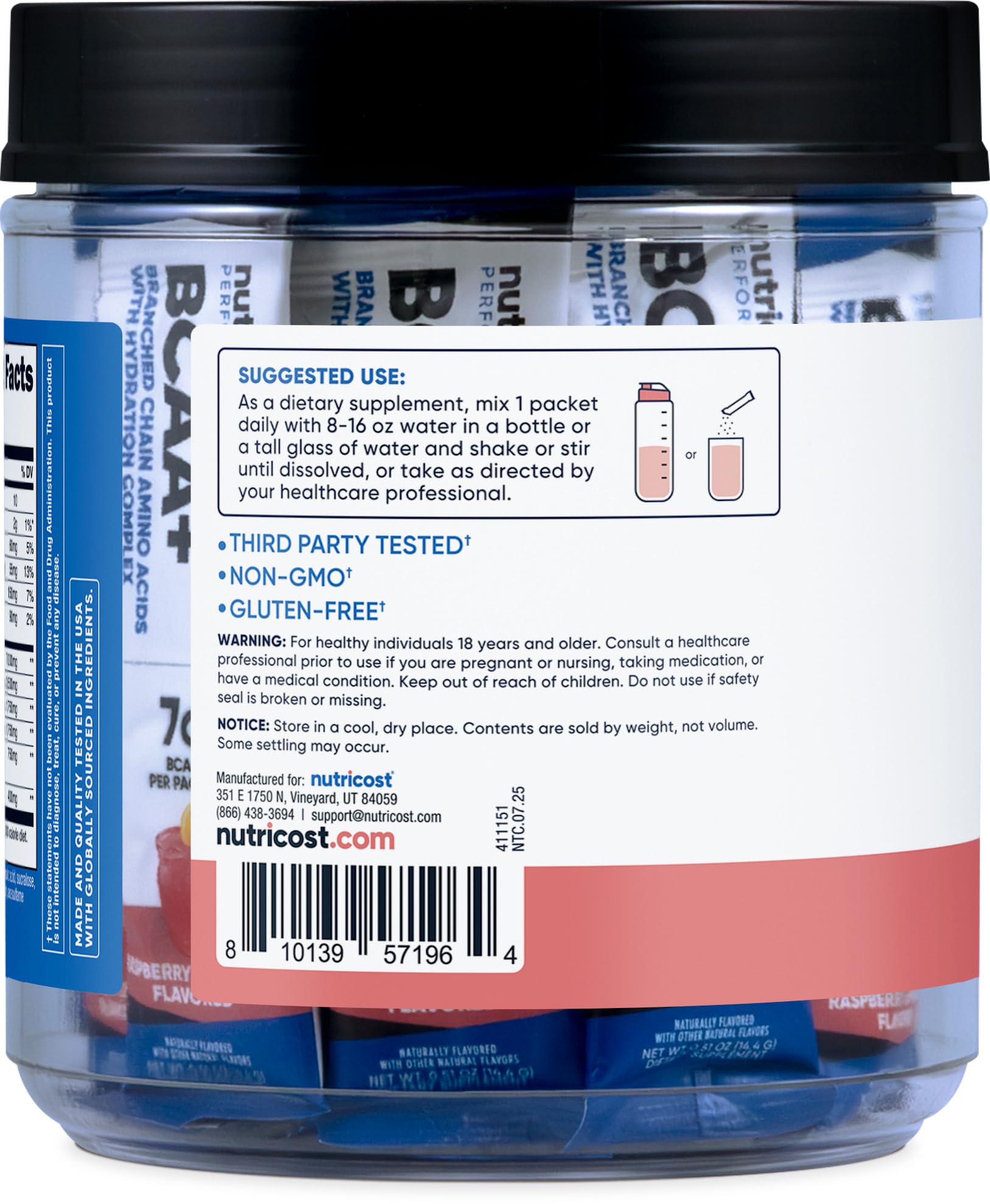 Nutricost BCAA+ Hydration, sabor frambuesa-limón, bebida refrescante para entrenamientos.