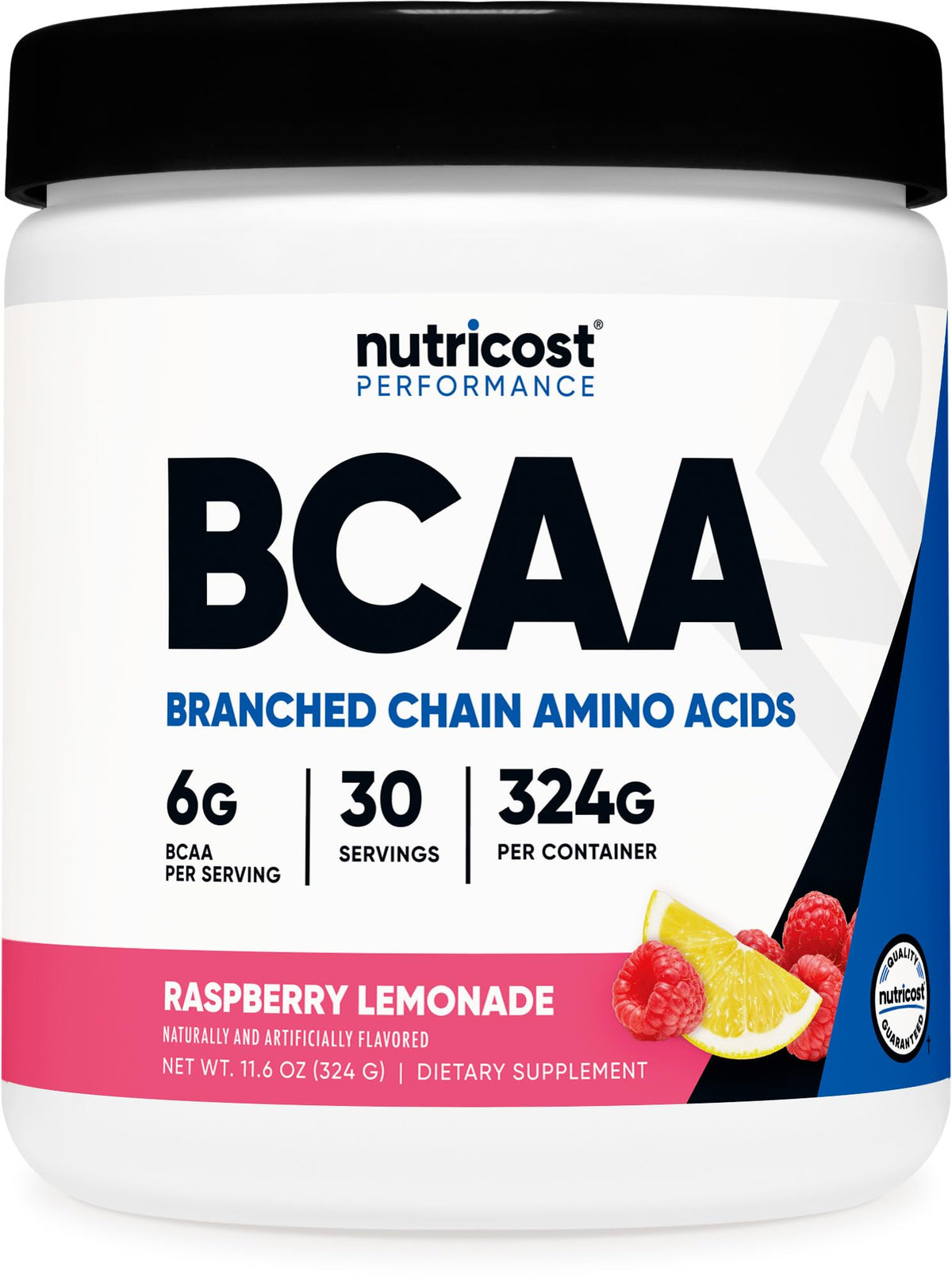 Nutricost BCAA Polvo 2:1:1, envase con sabor frambuesa limón para entrenar
