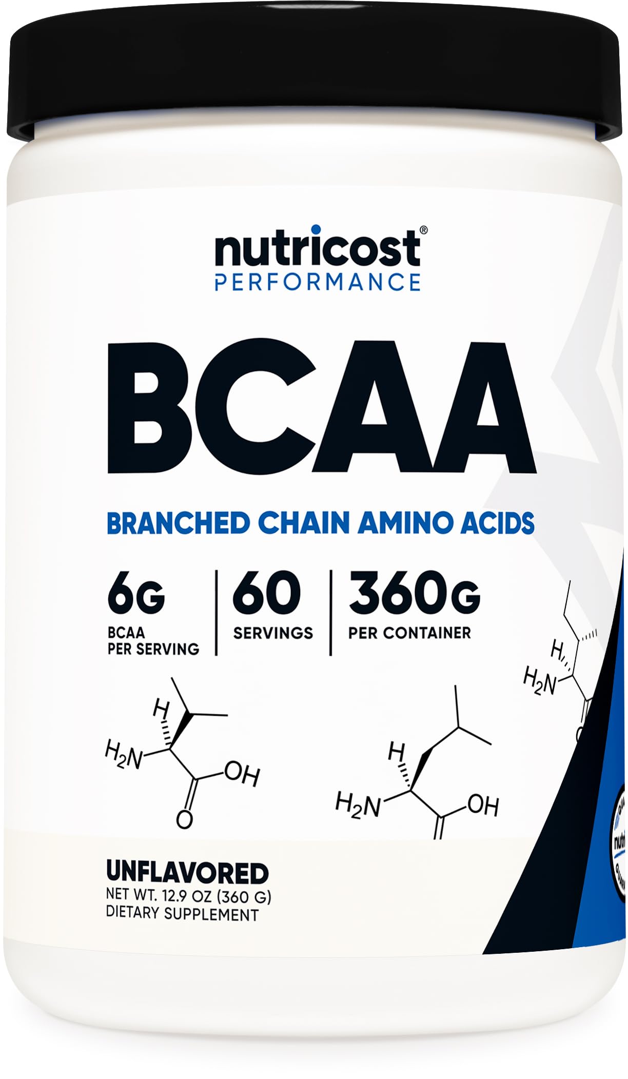 Nutricost BCAA polvo 60 porciones, vista frontal, posible apoyo a recuperación muscular.