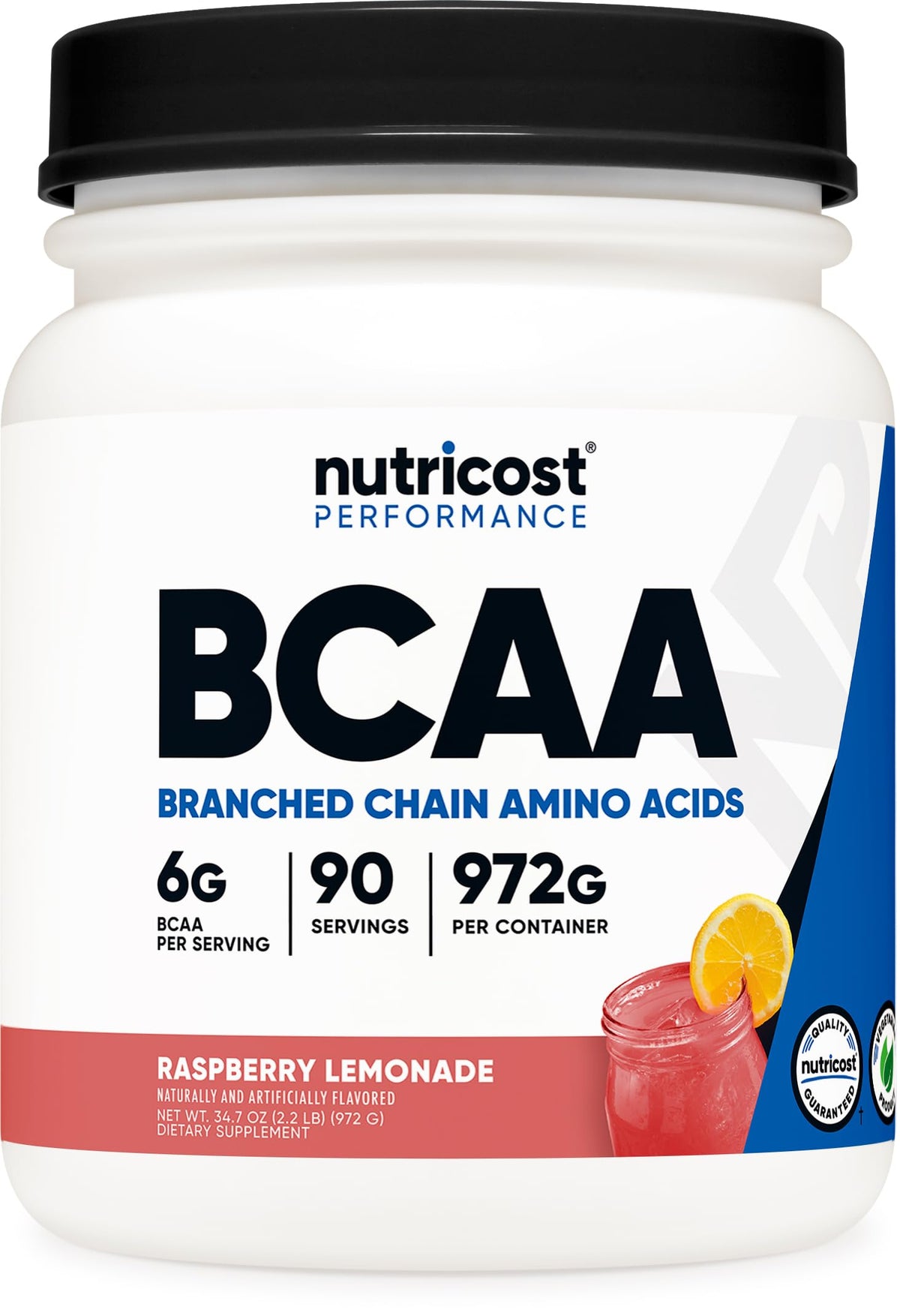 Nutricost BCAA Powder frambuesa-limón en bote, ideal para mezclar con agua.