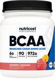 Nutricost BCAA Powder frambuesa-limón en bote, ideal para mezclar con agua.