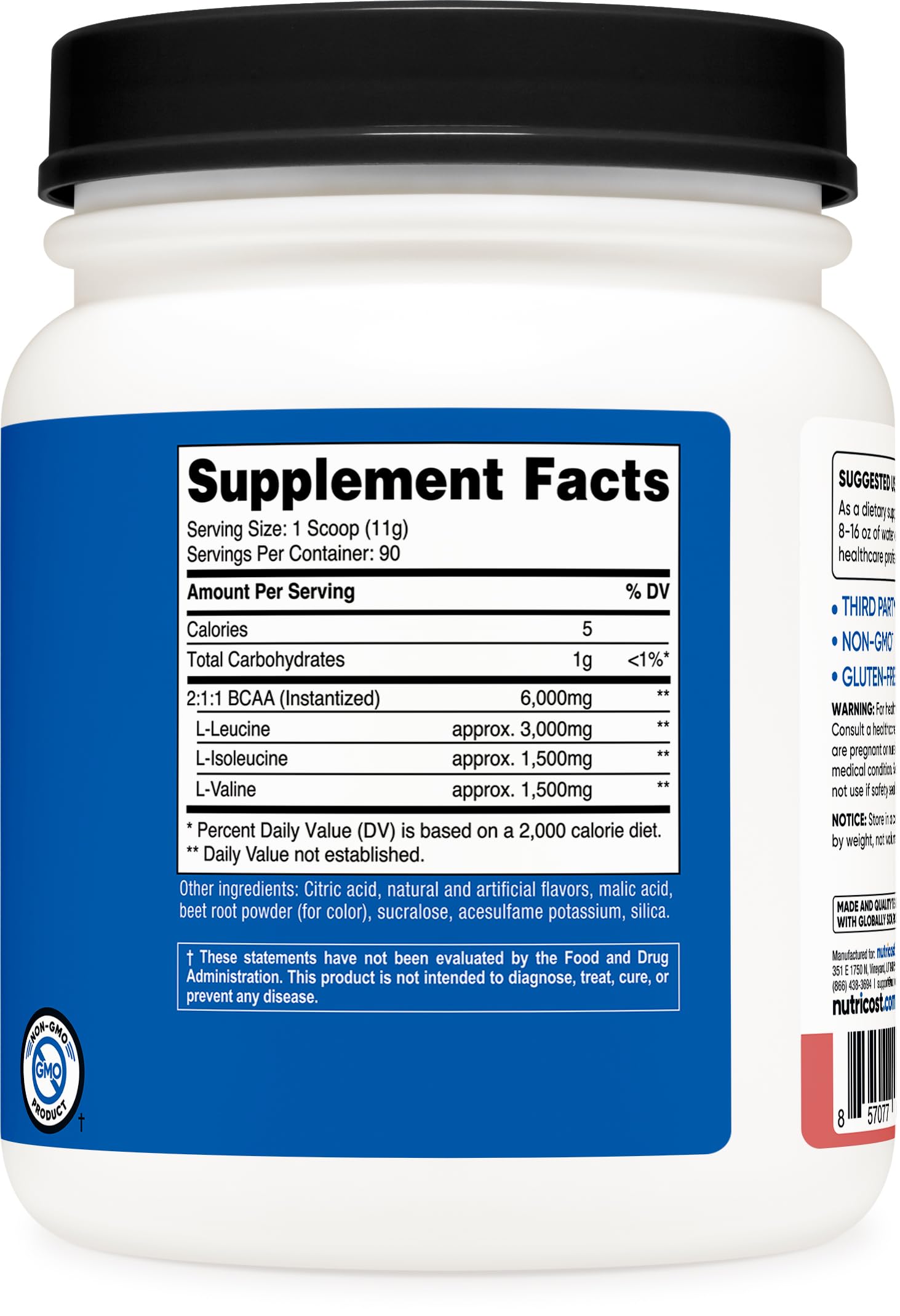 Nutricost BCAA Powder frambuesa-limón envase compacto para viajar.