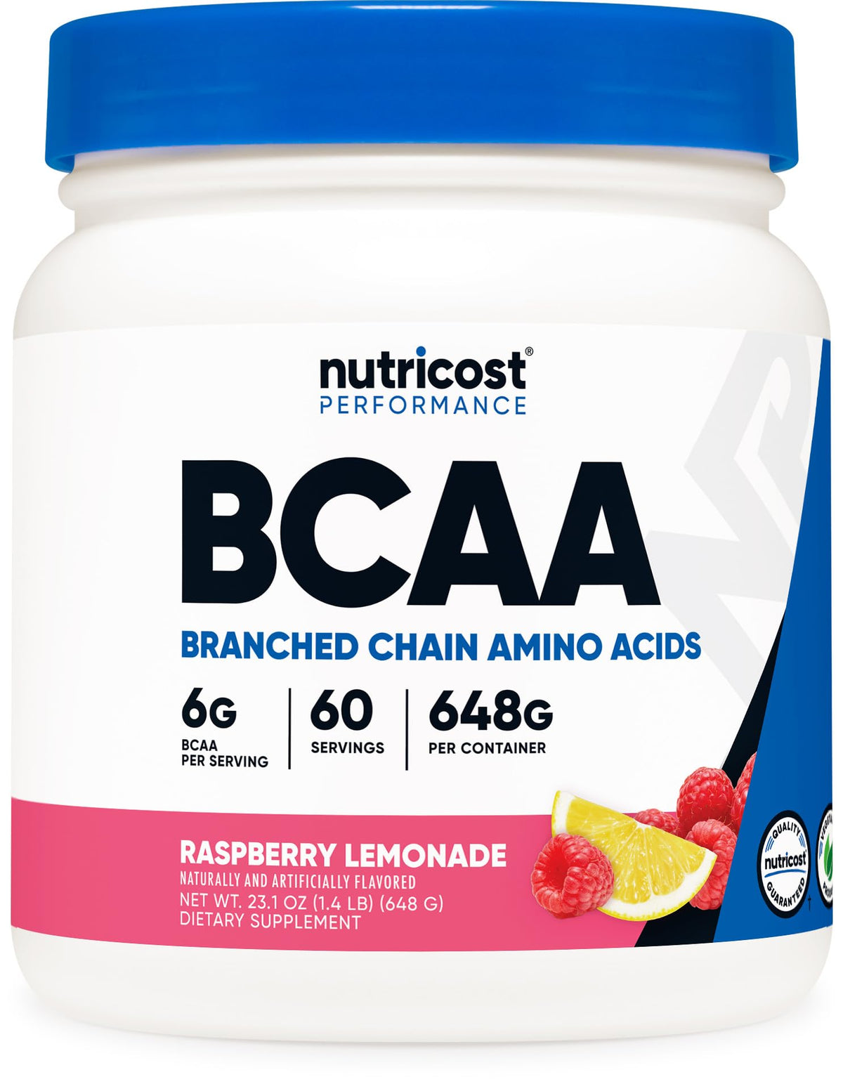 Nutricost BCAA polvo frambuesa-limonada, sabor refrescante para entrenar.