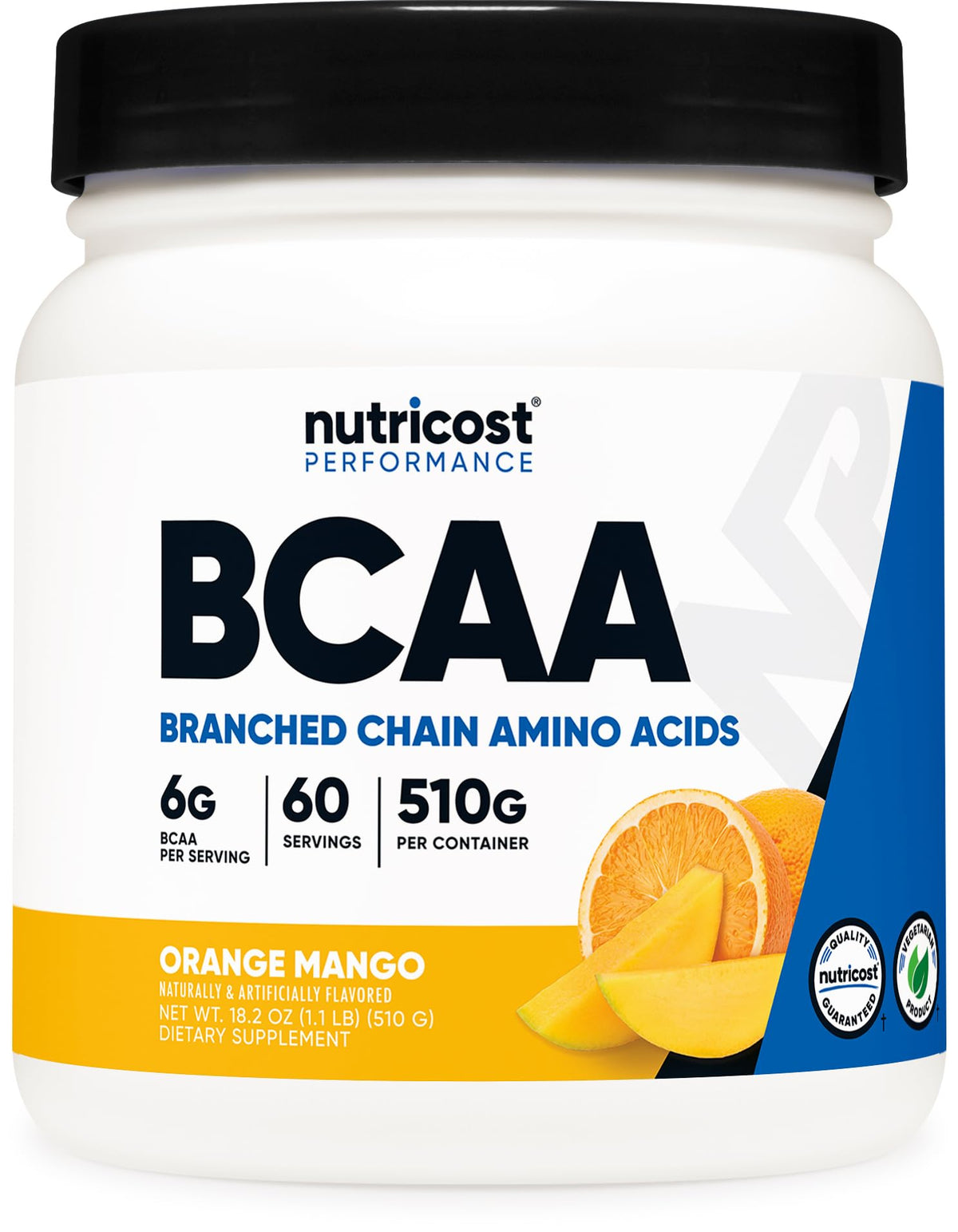 Nutricost BCAA polvo naranja mango 6 g por porcion para entrenamiento diario