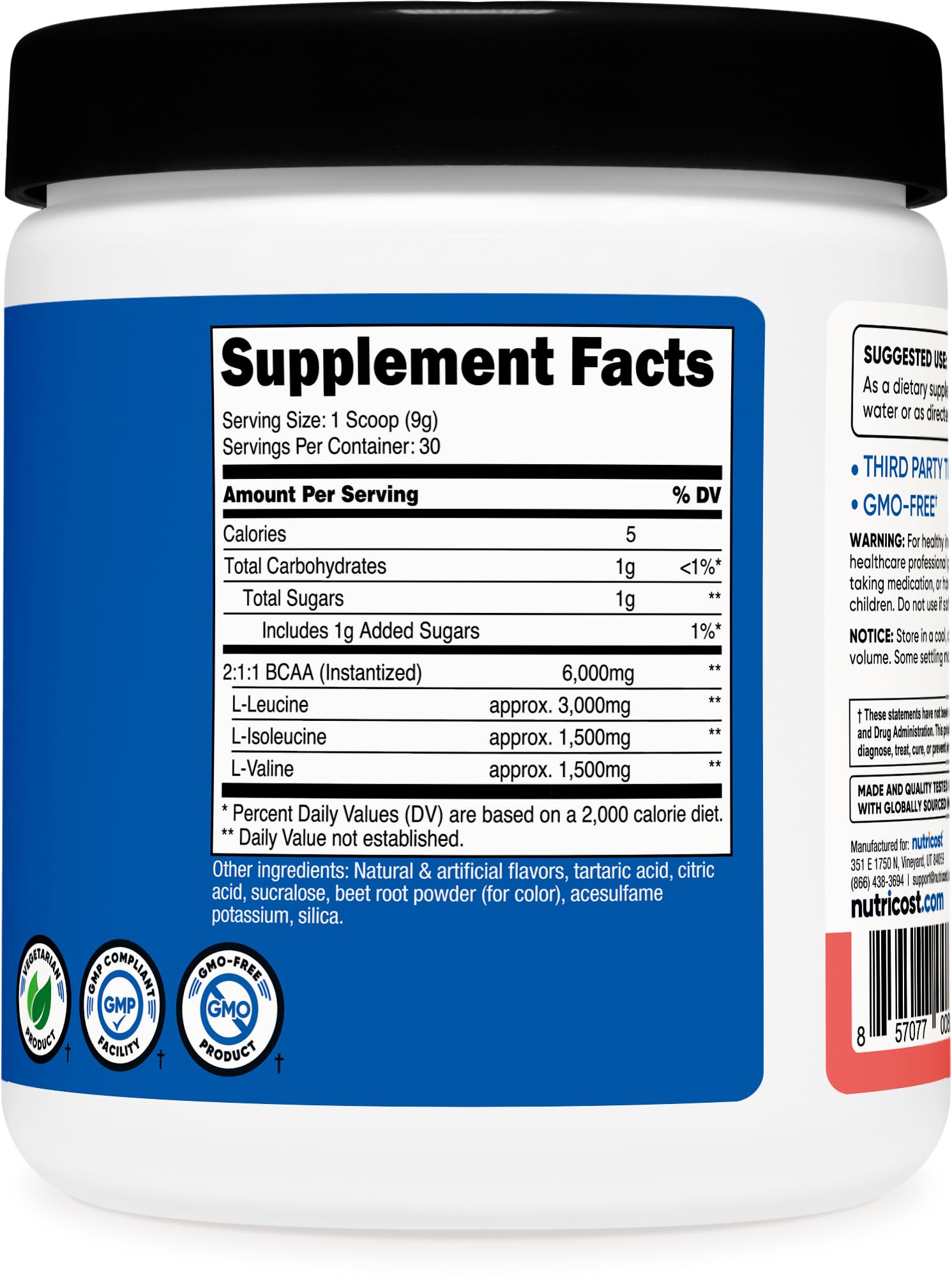 Nutricost BCAA polvo sandía: producido en instalación GMP con pruebas de terceros.