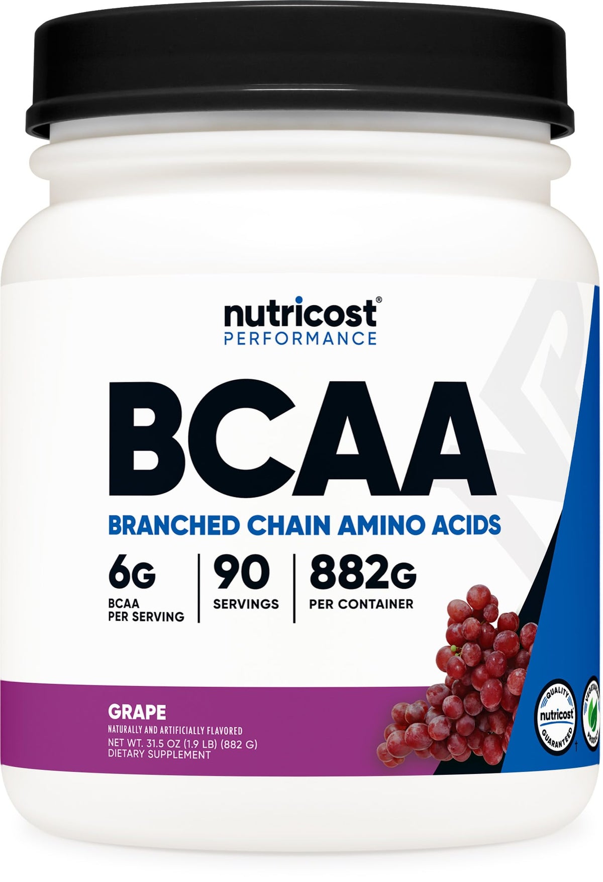 Nutricost BCAA en polvo de uva con cuchara medidora para dosis precisa.