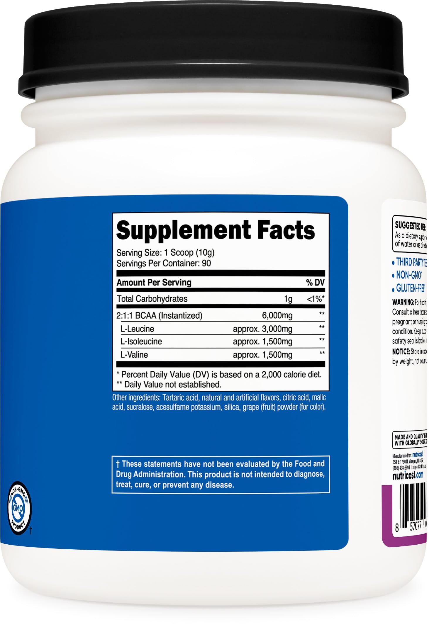 Nutricost BCAA en polvo de uva detalle de etiqueta.