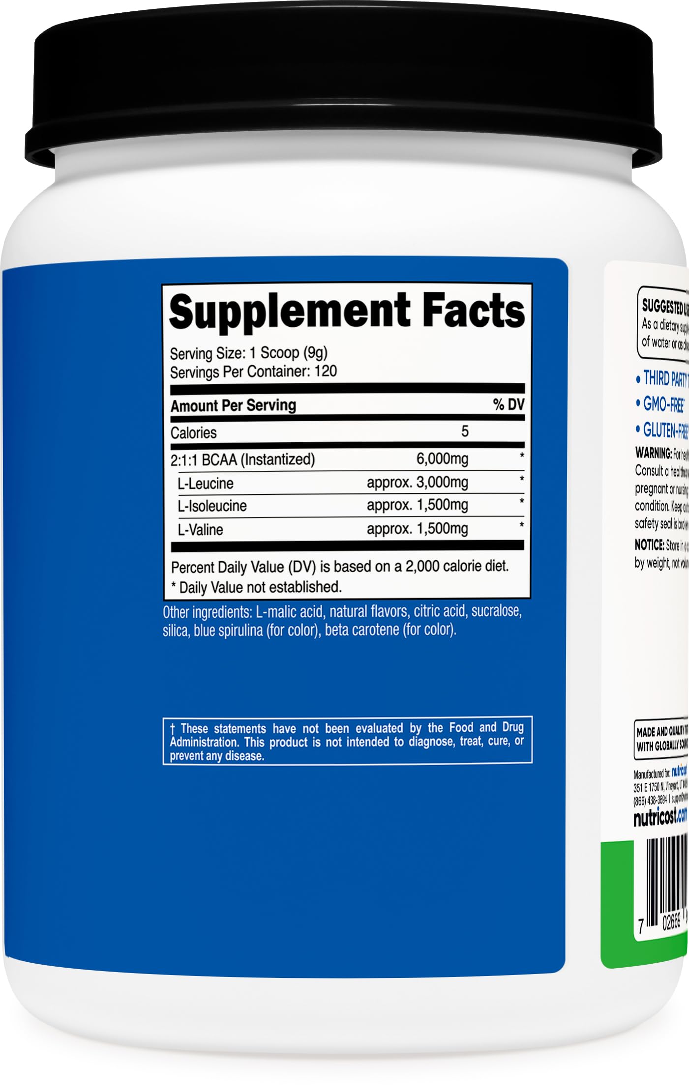 Nutricost BCAA en polvo Manzana Verde con cucharita para dosis convenientes.