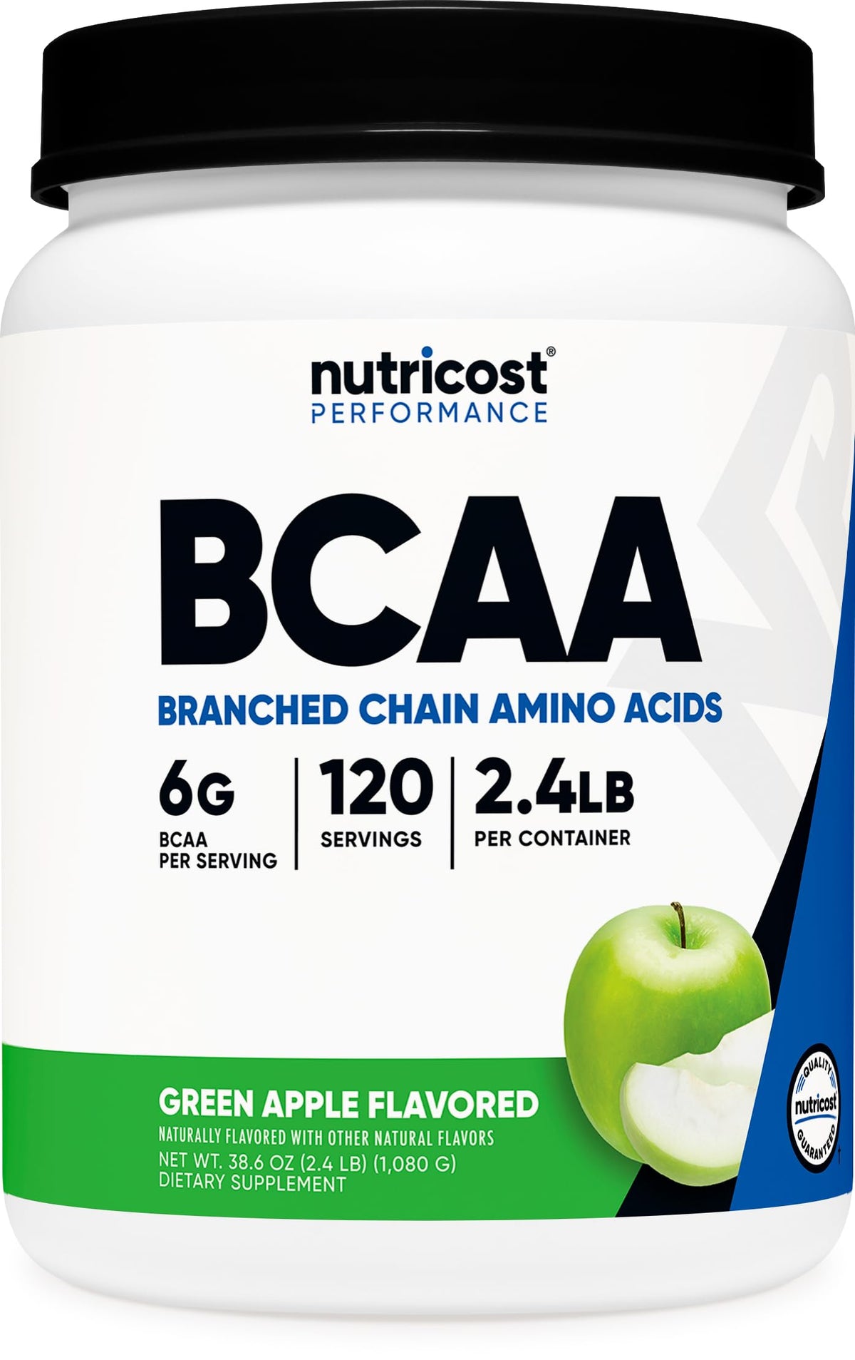 Nutricost BCAA en polvo Manzana Verde en tarro para apoyo en el entrenamiento diario.