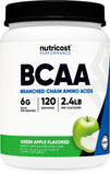 Nutricost BCAA en polvo Manzana Verde en tarro para apoyo en el entrenamiento diario.