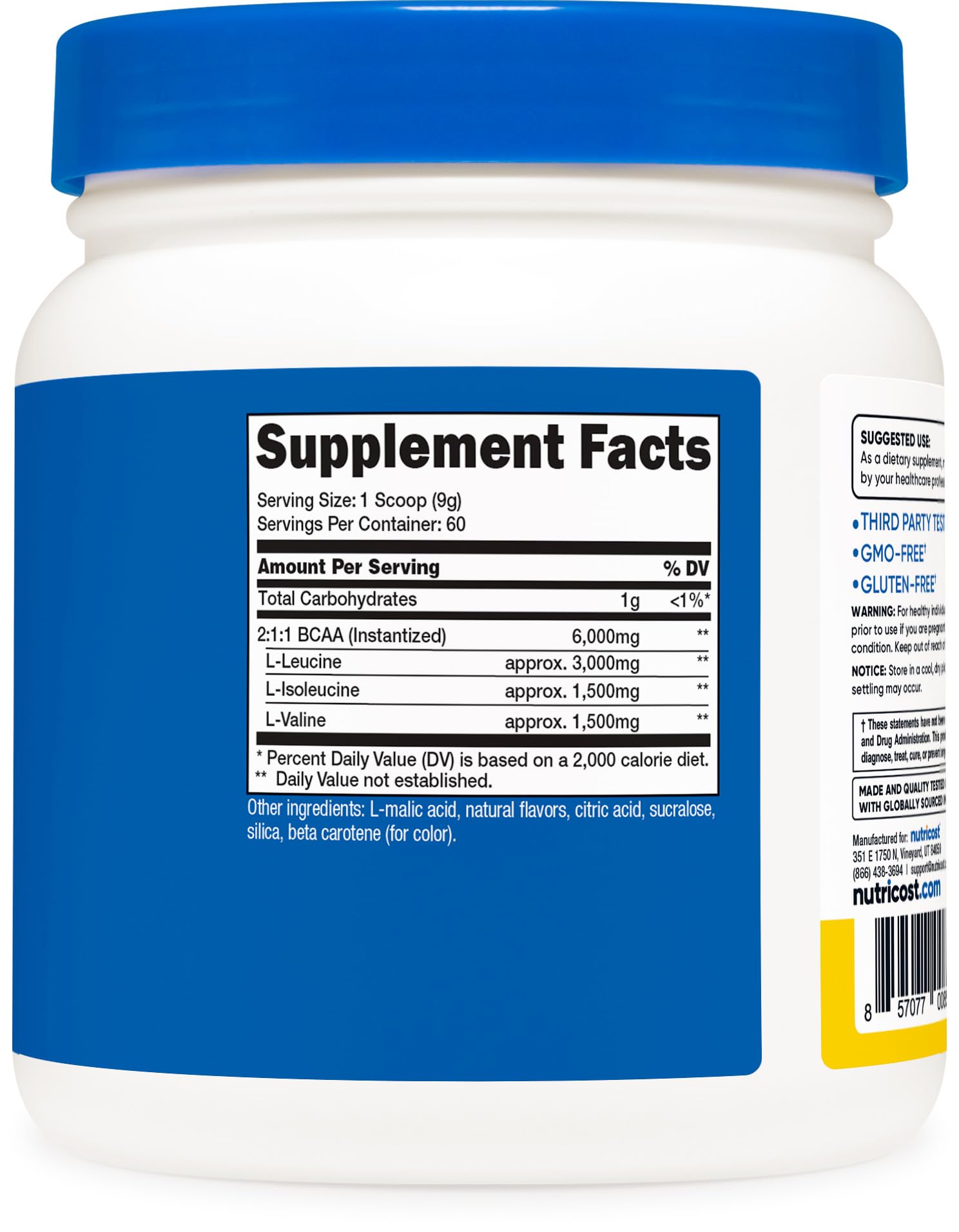 Nutricost BCAA, mezcla rápida en agua para beber entre series.