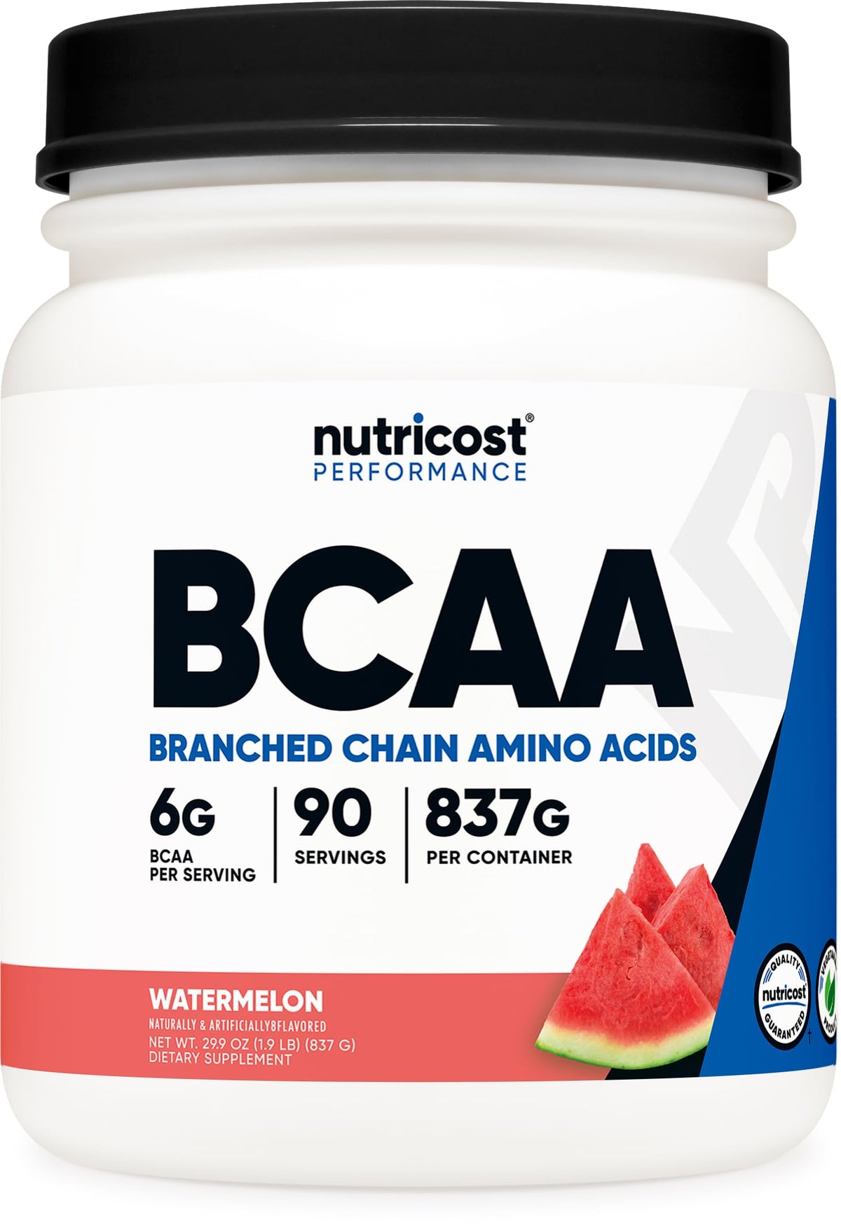 Nutricost BCAA en polvo sabor Sandía en botella, con 6 g de BCAA por porción.