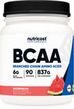 Nutricost BCAA en polvo sabor Sandía en botella, con 6 g de BCAA por porción.