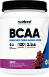 Nutricost BCAA Powder sabor uva en bote para entrenamientos.