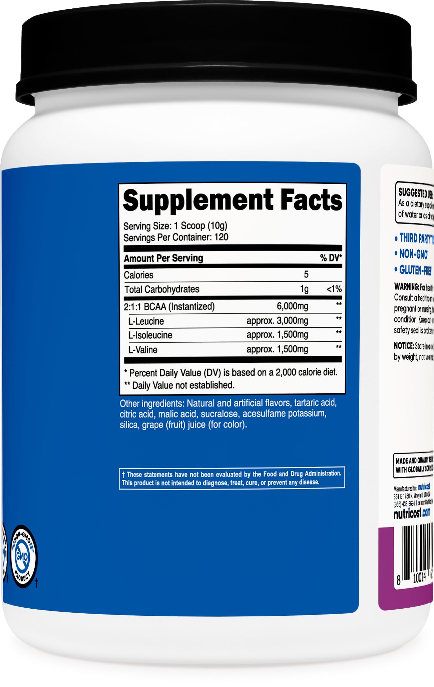 Nutricost BCAA Powder sabor uva para apoyar la recuperación posentrenamiento.