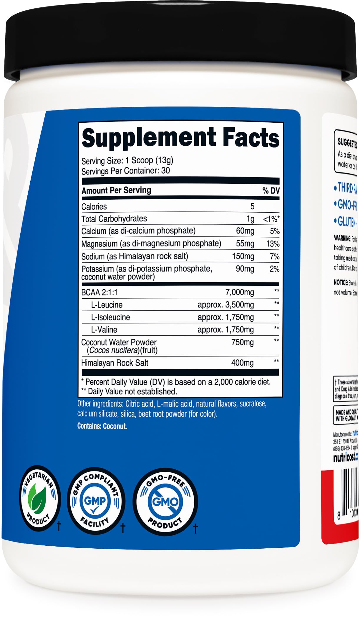 Nutricost BCAA Hydration certificado NSF GMP para calidad y pureza.
