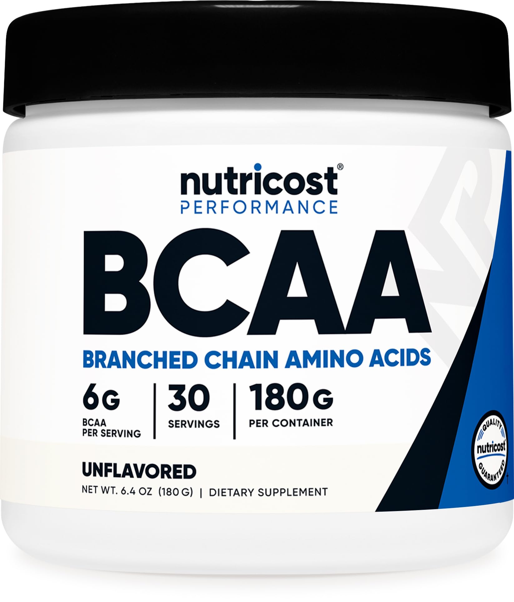 Nutricost BCAA en polvo sin sabor en envase, ideal para mezclar rápido