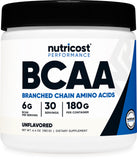 Nutricost BCAA en polvo sin sabor en envase, ideal para mezclar rápido