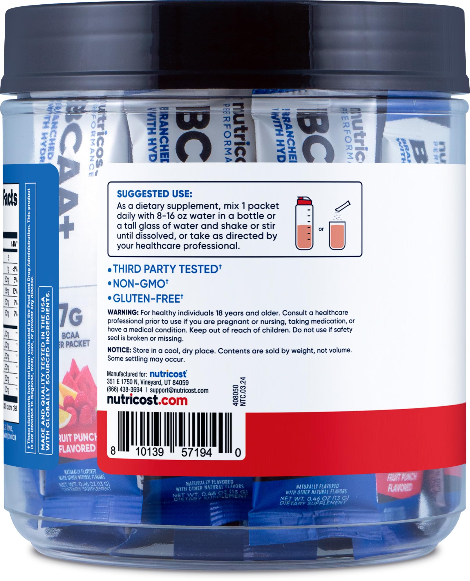 Nutricost BCAA+ Fruta Punch: etiqueta clara facilita identificar sabor y uso.