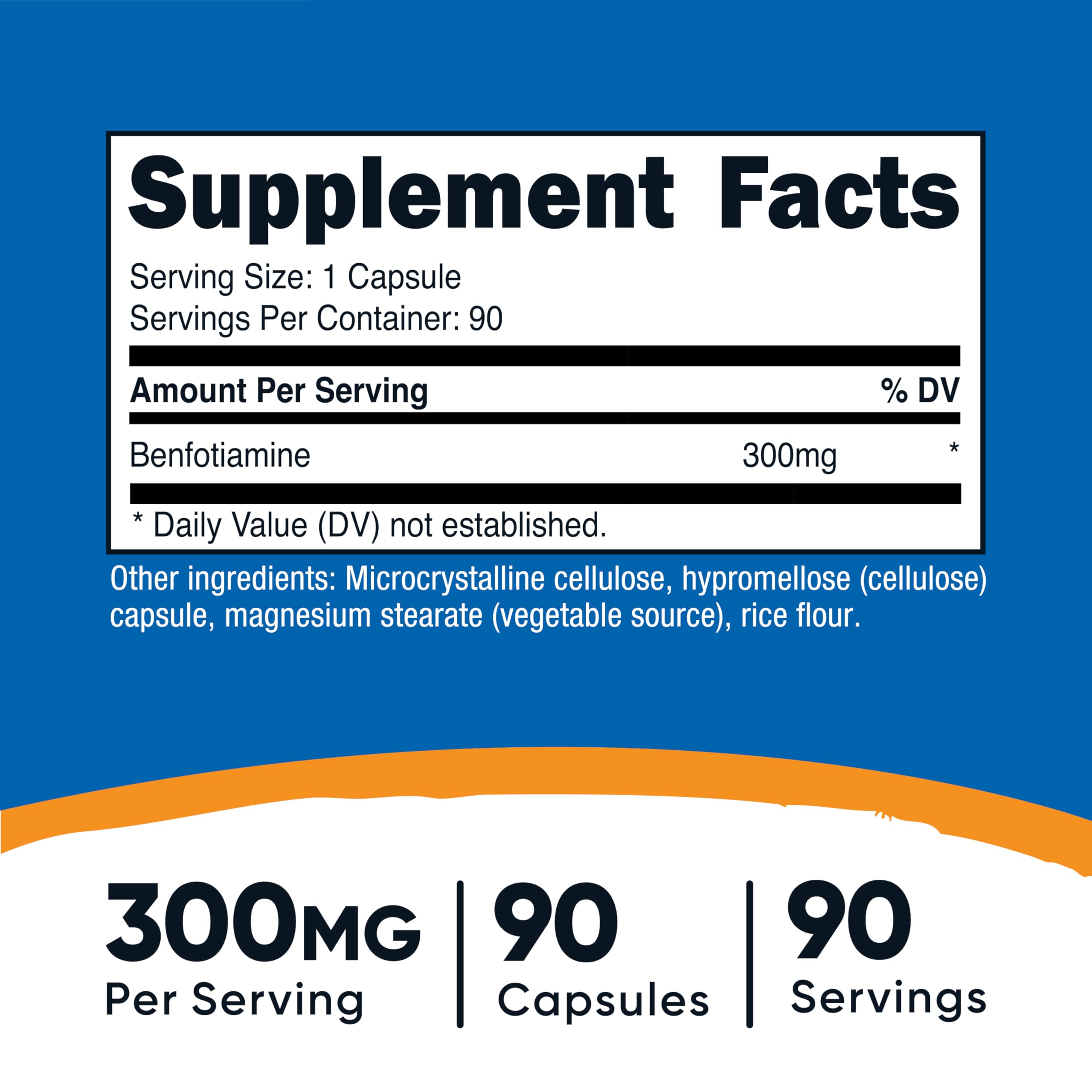 Nutricost Benfotiamine 300 mg frasco: frasco de 90 cápsulas para uso diario.