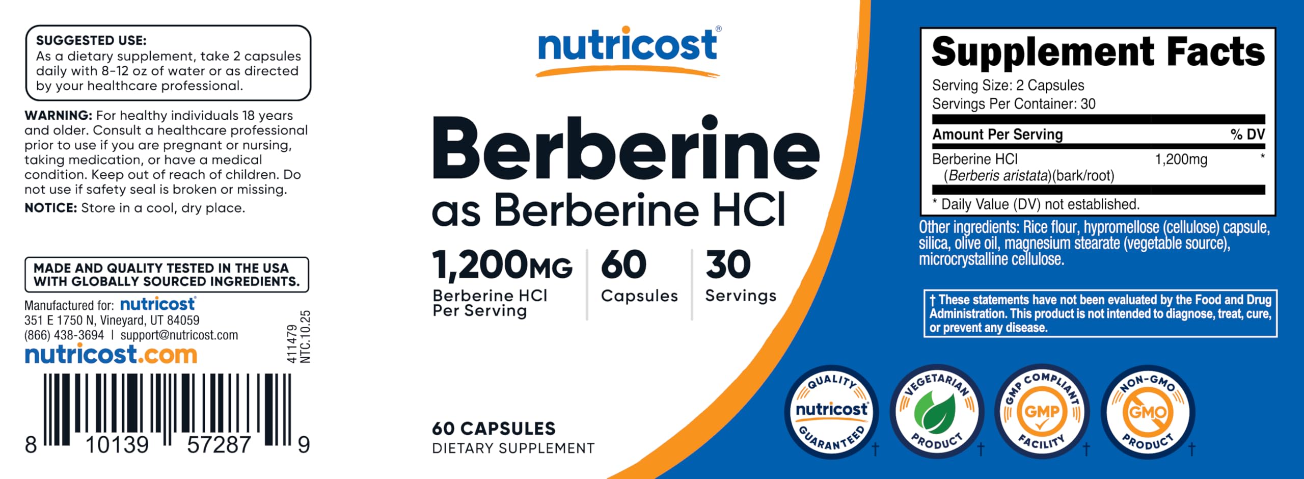 Nutricost Berberina HCl 1200 mg, sello sin gluten, seguridad alimentaria