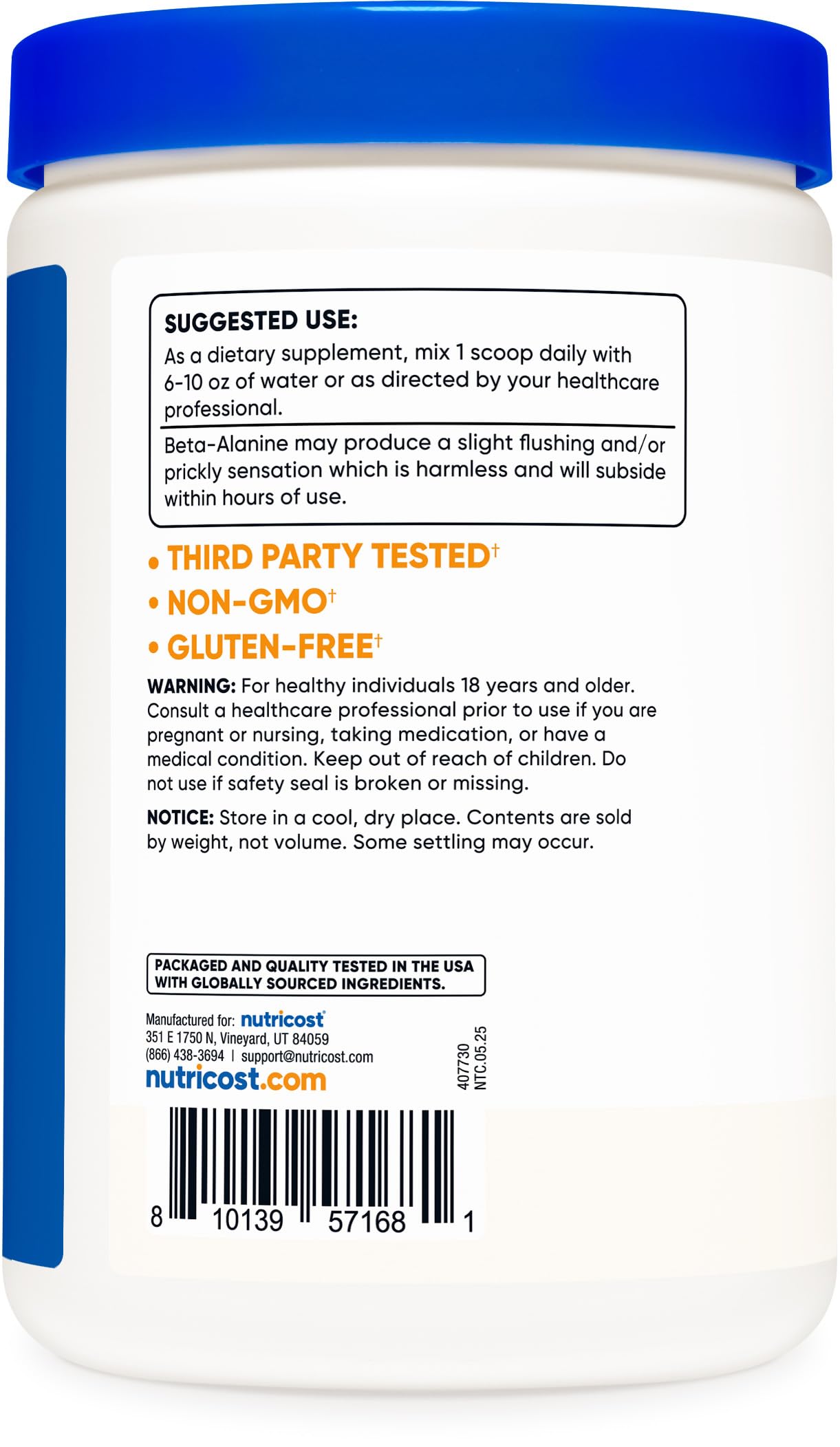 Beta Alanina Nutricost sin gluten para diversas dietas
