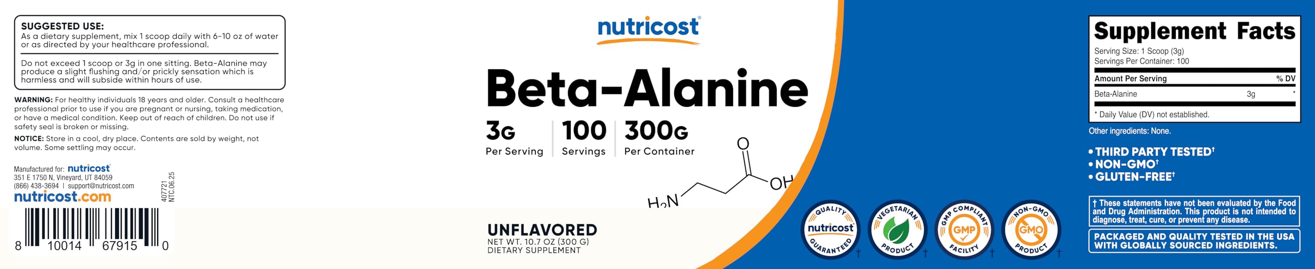 Paquete original Nutricost Beta Alanine, listo para almacenamiento seguro.