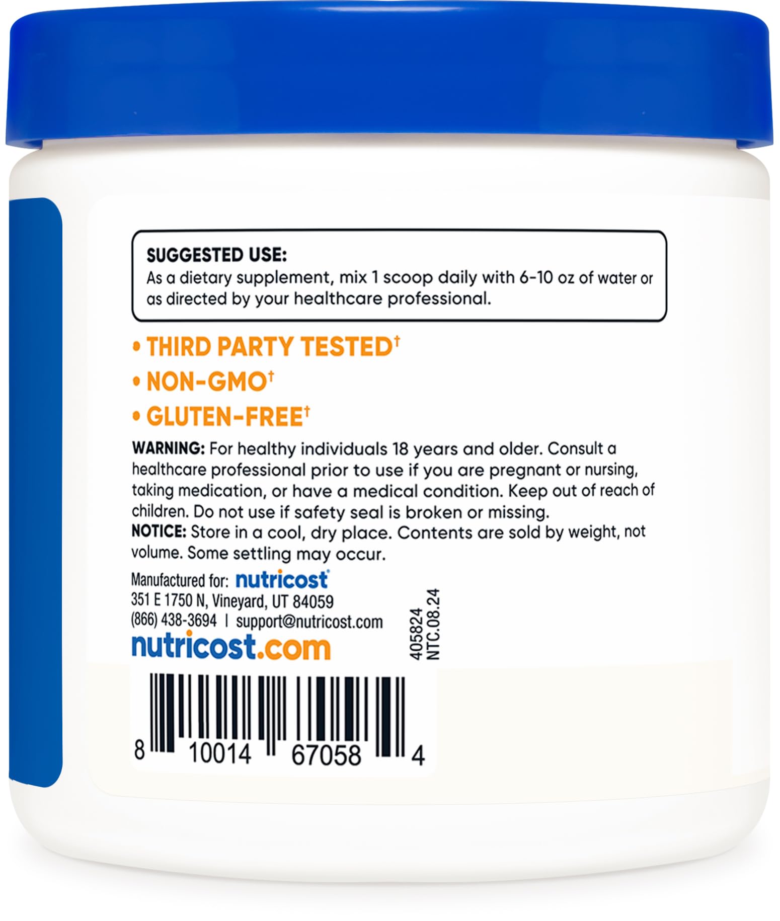 Envase Nutricost beta glucano seguro fabricado en instalación GMP y FDA