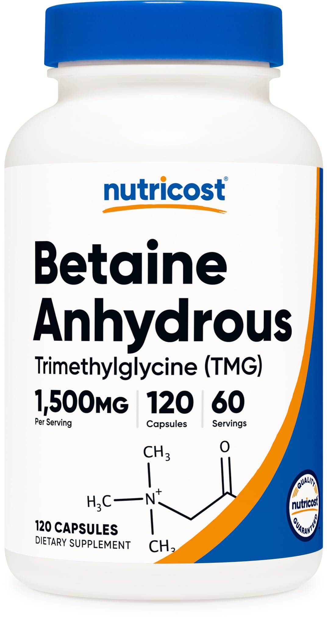 Nutricost Betaína Anhidra: cápsulas de 750 mg en frasco para uso diario.